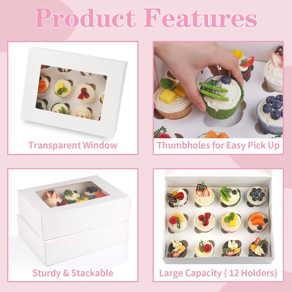 Cupcake Boxes, 2 Pack Disposable Cupcake Containers, Food Grade Cupcake Carrier 12 Count with Window and Inserts, Cupcake Transport Holders Bulk for Muffins Cookies Treats Dessert（White）