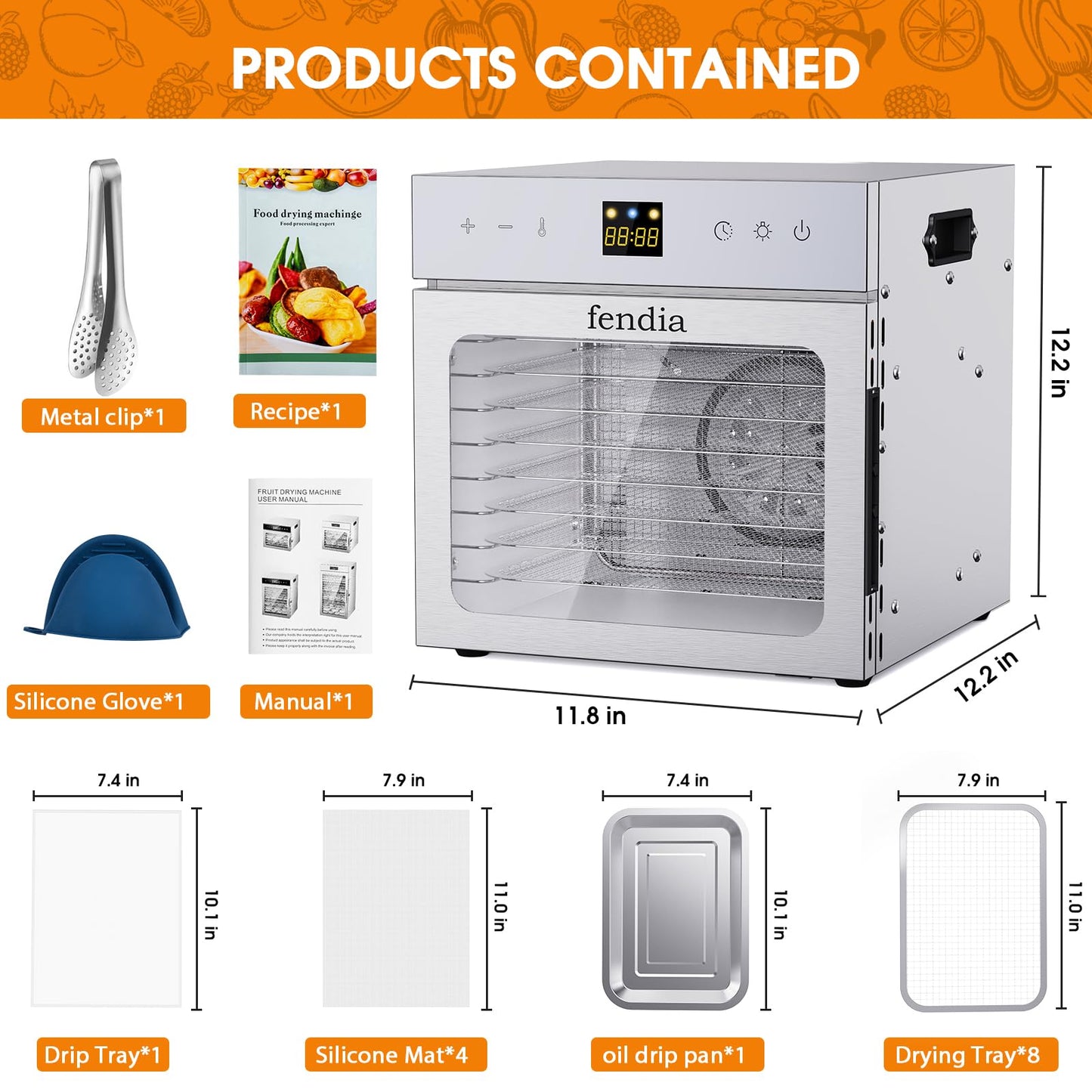 Fendia Dehydrators for Jerky, 8 Stainless Steel Trays, 600W Fruit Dehydrator, 24H Timer and 190°F Temperature Control, Overheat Protection, Food Dryer for Jerky, Herbs, Fruit, Dog Treats