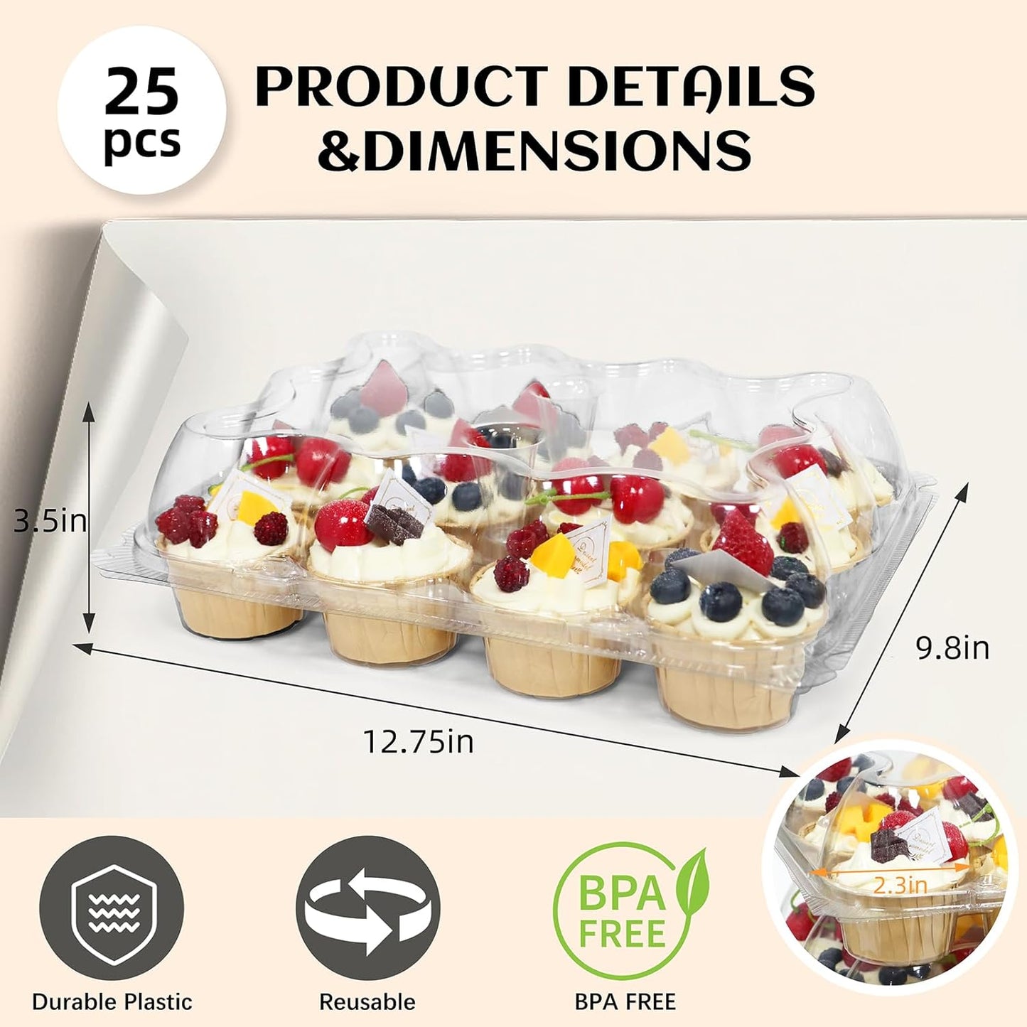 12 Count x 12 Sets Plastic Cupcake Containers, Durable and BPA-Free Cupcake Holder with Lid for Easy Transport Storage, Stackable Clear Cupcake Carriers, Reusable Dessert Boxes