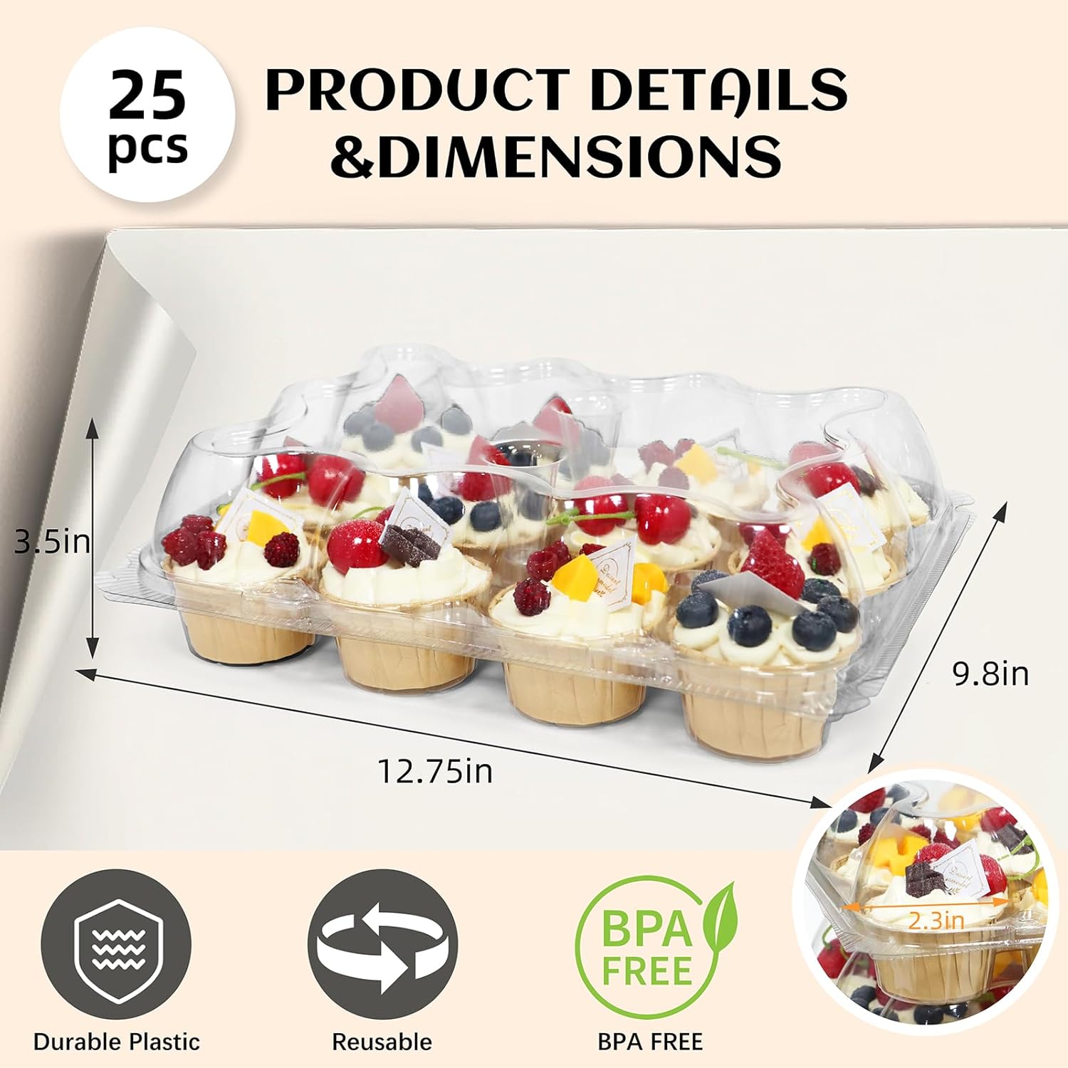 12 Count x 12 Sets Plastic Cupcake Containers, Durable and BPA-Free Cupcake Holder with Lid for Easy Transport Storage, Stackable Clear Cupcake Carriers, Reusable Dessert Boxes