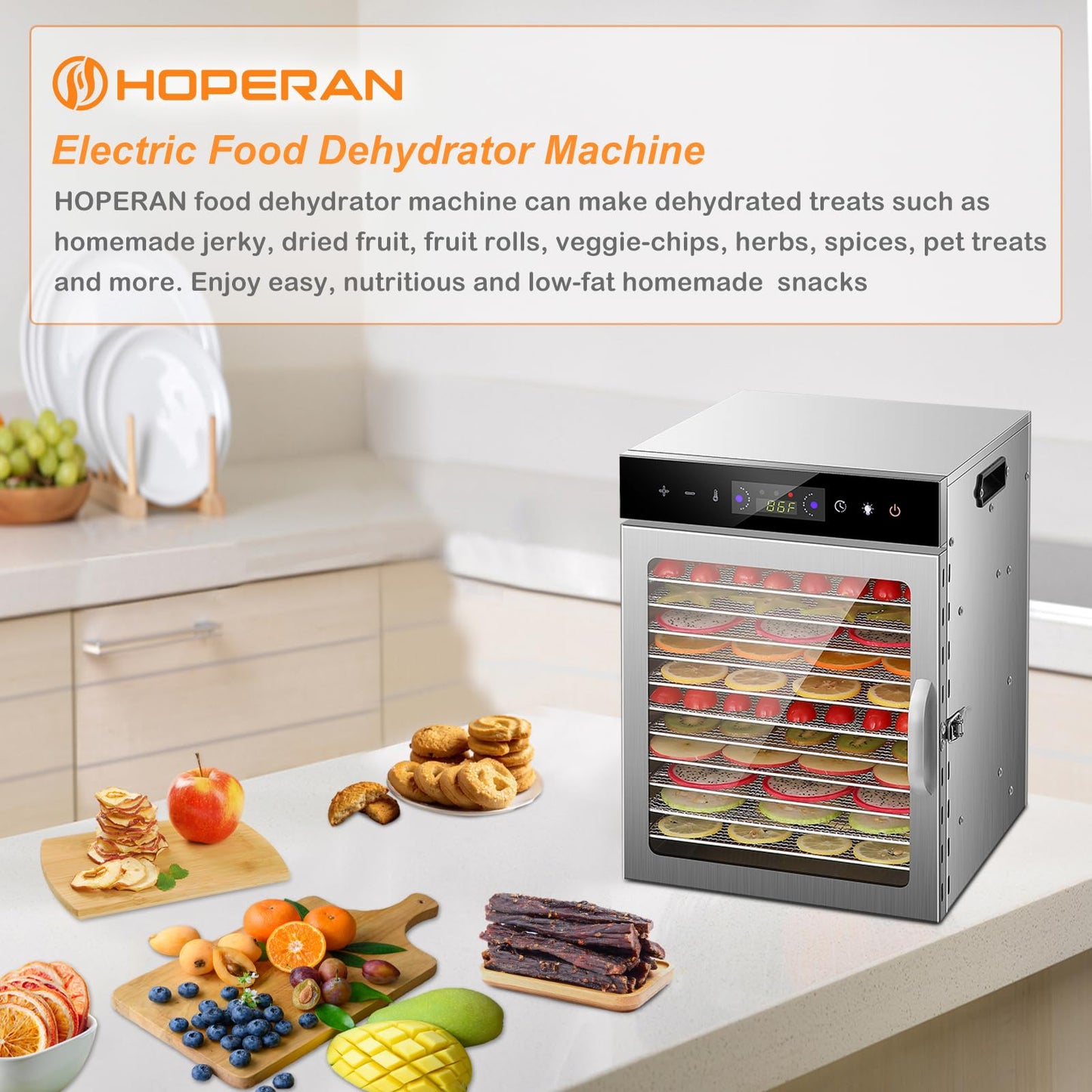 HOPERAN Food Dehydrator, 12 Stainless Steel Trays Dehydrators for Food and Jerky, Herbs, Fruit, Dehydrator Machine with Digital Timer and Temperature Control, Overheat Protection, Recipe Book Included