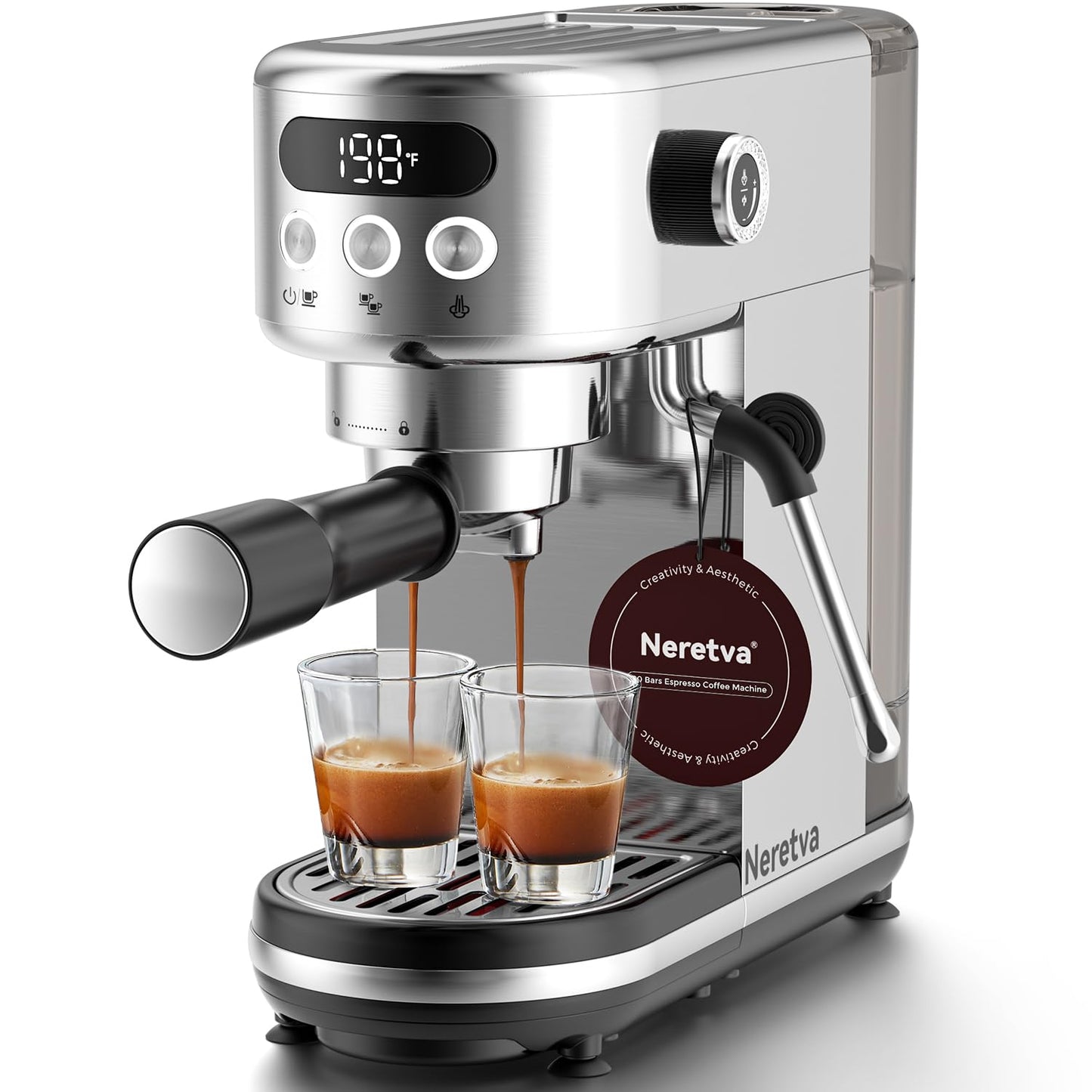 Neretva 20 Bar Espresso Machine, Super Compact Espresso Maker with LED Display & Milk Frother for Home Barista Stainless Steel Professional Coffee Machine Espresso Latte and Cappuccino Maker