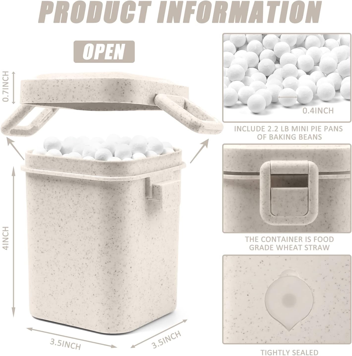 EIMMBD 2.2 LB Ceramic Pie Weights Baking Beans,10mm pie weights for Baking Blind Natural Reusable Pie Crust Weights with Wheat Straw Container (Beige)