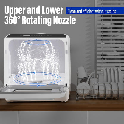 ICUIRE Przenośna zmywarka do naczyń, zmywarka do zabudowy z wbudowanym zbiornikiem na wodę o pojemności 5 l i wężem dopływowym, mini maszyna z 6 programami, podwójny natrysk 360°, nie wymaga podłączenia, apartament/akademik/kamper