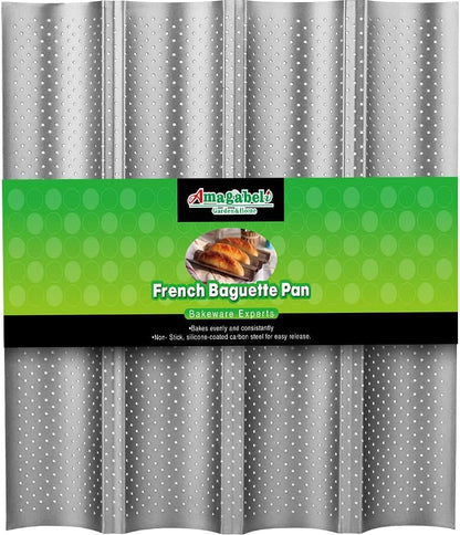 AMAGABELI GARDEN & HOME Baguette Bread Pan 15" x 13" Nonstick Perforated Baguette Tray French Bread Baking 4 Wave Loaf Bake Mold Toast Cooking Baker Molding Gutter Oven Toaster Dishwasher Safe Silver