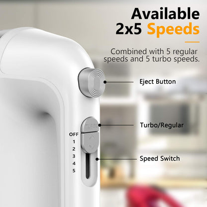 Hand Mixer Electric, 450W Kitchen Mixers with Scale Cup Storage Case, Turbo Boost/Self-Control Speed + 5 Speed + Eject Button + 5 Stainless Steel Accessories, For Easy Whipping Dough,Cream,Cake