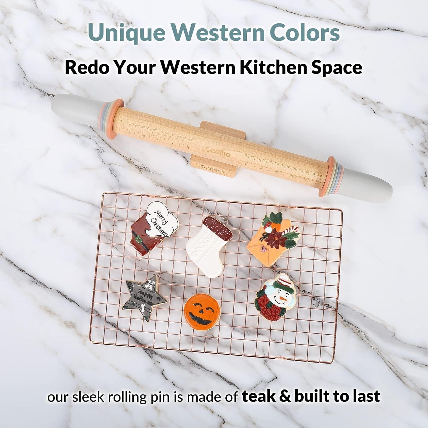 Geesta Adjustable Wood Rolling Pin with 5 Thickness Rings, Precise Dough Roller Handle Press Design with Measurement Guide for Fondant, Pizza, Pie Crust, Cookie, Pastry Baking Decorating Accessories