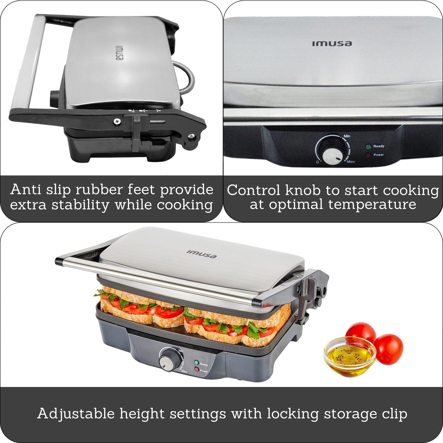 IMUSA Stainless Steel Panini Press Electric with Adjustable Temperature Settings and Nonstick Plates, 1200W