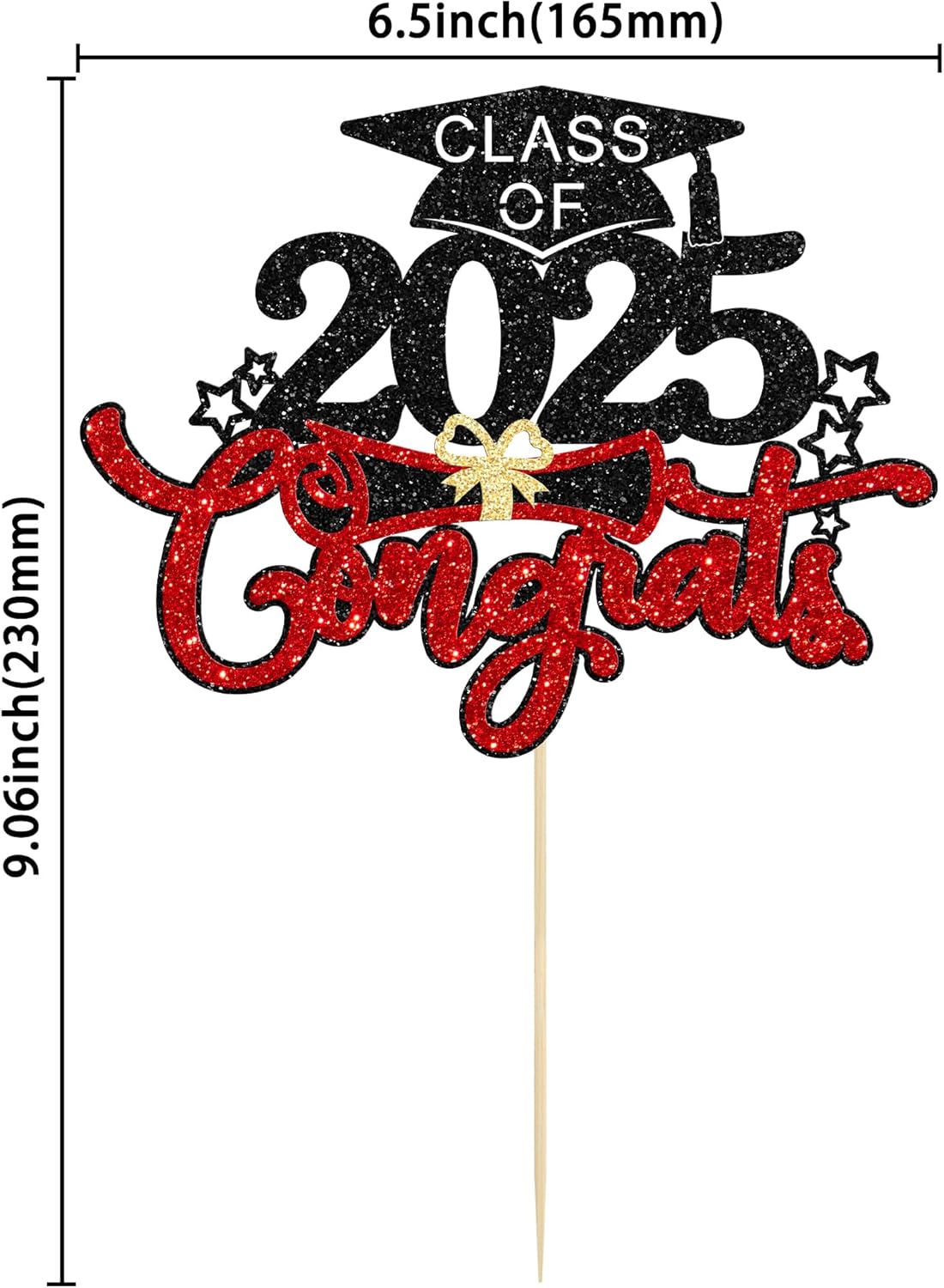 1Pc Congrats Grad 2025 Cake Topper Red Glitter Diploma Graduation Cap Cake Pick Congrats Class of 2025 Cake Decorations for 2025 Graduation Theme High School Boys Girls Graduate Party Supplies