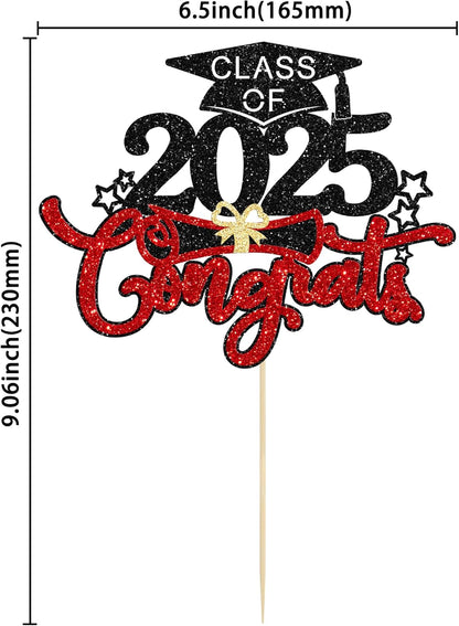 1Pc Congrats Grad 2025 Cake Topper Red Glitter Diploma Graduation Cap Cake Pick Congrats Class of 2025 Cake Decorations for 2025 Graduation Theme High School Boys Girls Graduate Party Supplies