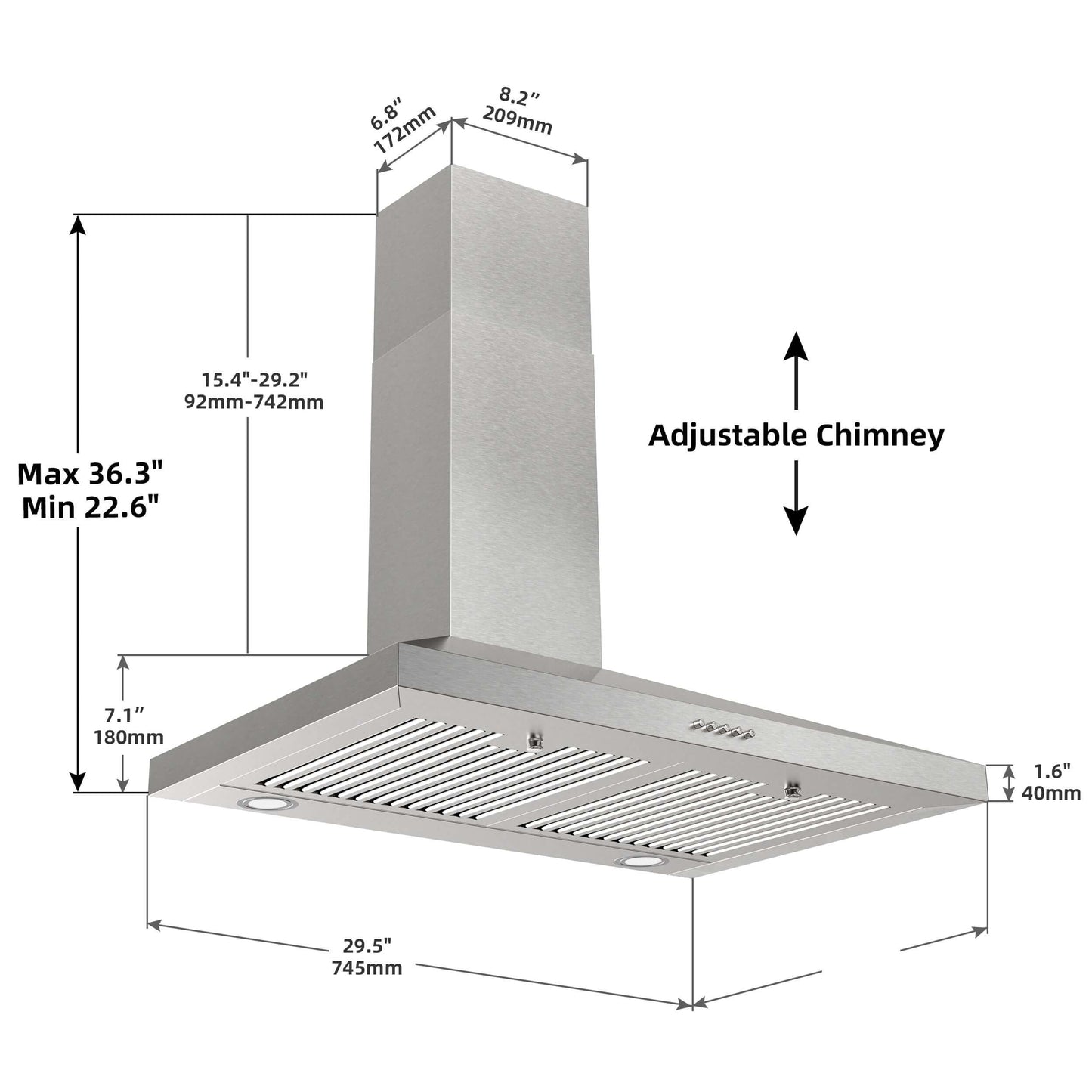 SNDOAS Range Hood 30 inch,Stainless Steel Wall Mount Range Hood 30 inch,Chimney-Style Stove Vent with Ducted/Ductless Convertible,Kitchen Hood with LED Light,Button Control,3-Speed Vent Hood