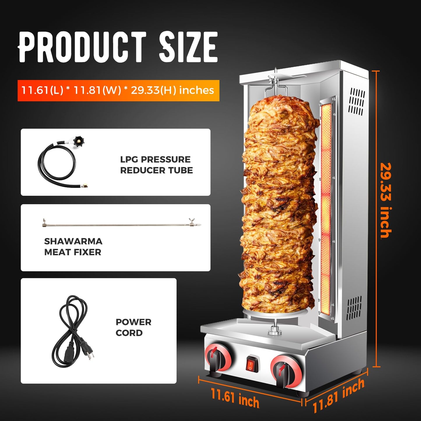 Shawarma Doner Kebab Machine Grill Gas Vertical Broiler Gyro Meat Rotisserie with 2 Burner for Restaurant Home Garden