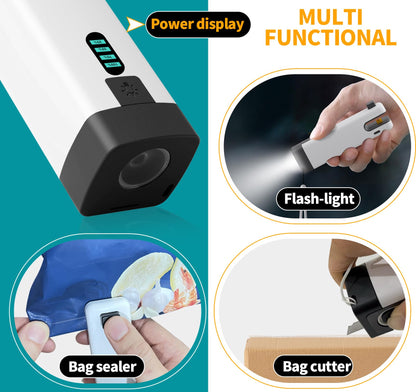 HSLGOVE 3-IN-1 Mini Bag Sealer, Rechargeable Bag Sealer Heat Seal with Cutter, Flash-light and Magnet Mini Bag Resealer Machine for Plastic Bags Snack Bags-Neatwhite