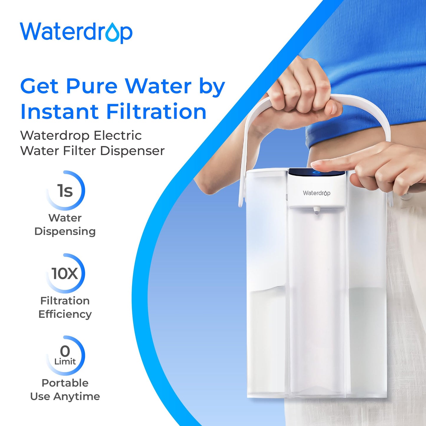 Waterdrop Electric Water Filter Pitcher, Rechargeable 200-Gallon Water Dispenser, Instant 15-Cup Countertop System, NSF/ANSI 401&53&42&372, Reduce PFAS, Lead, Chlorine, White, NOT Reduce TDS