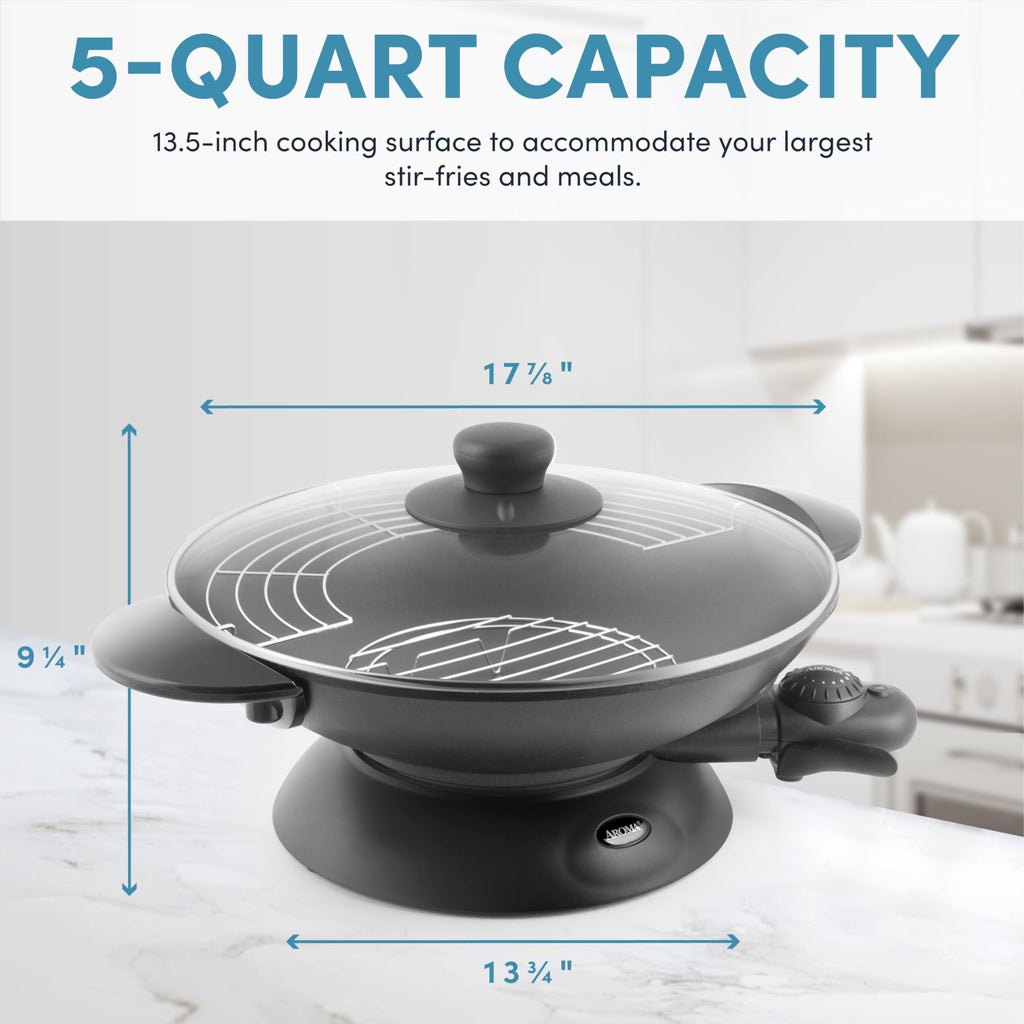Електрична вок-сковорідка Aroma Housewares AEW-306 із кришкою із загартованого скла, антипригарним покриттям, що легко очищується, палички для їжі, решітки для темпури та приготування на пару, професійна модель, чорний колір