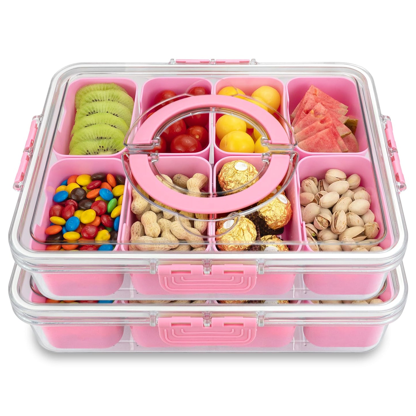 Divided Serving Tray with Lid and Handle,8 Compartments Snacks Box,Snack Fruit and Veggie Tray,Portable Platter for Candy Fruits Nuts Snack Party Entertaining Picnic (1 PCS)