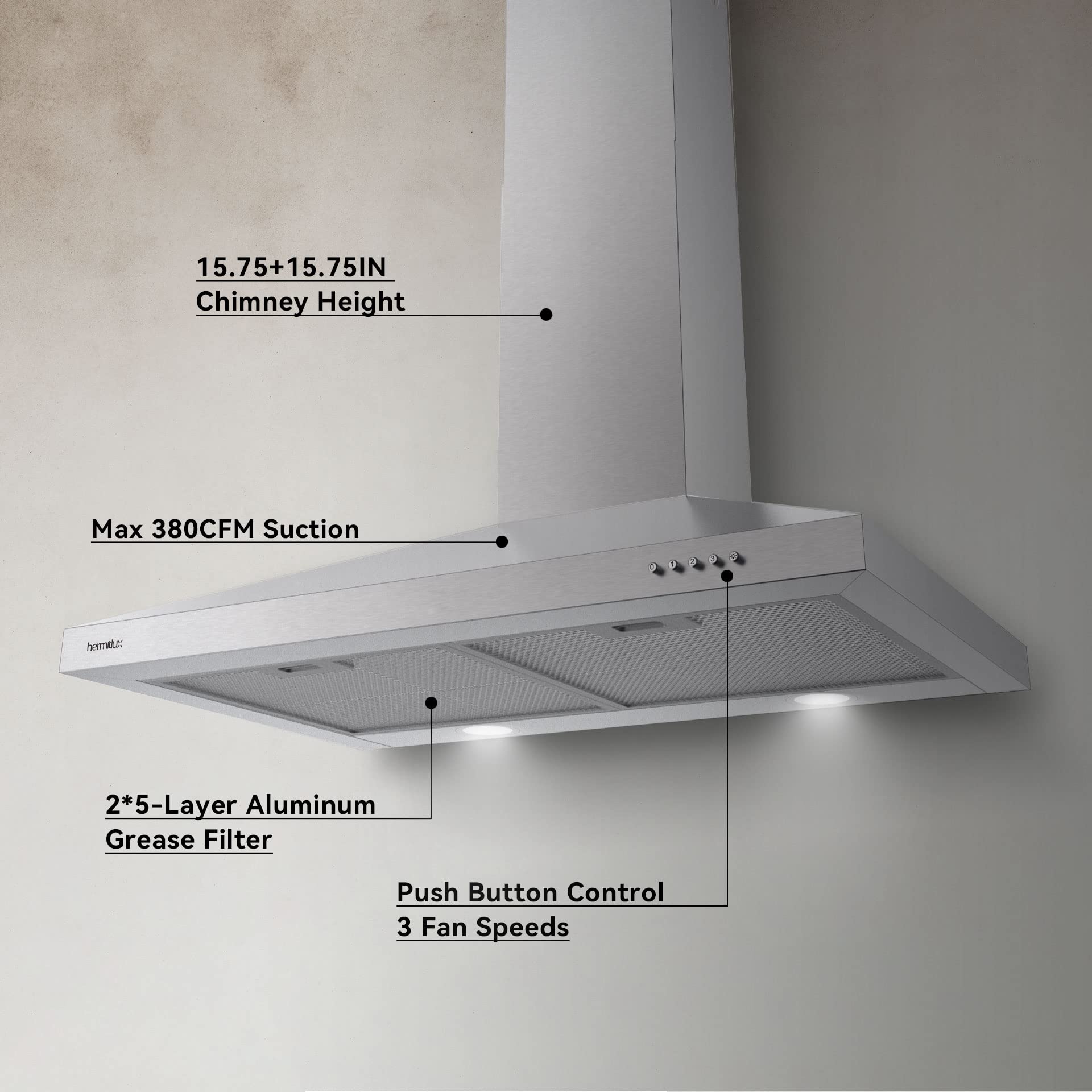 Hermitlux Range Hood 30 inch Stainless Steel, Wall Mount Vent Hood for Kitchen with Charcoal Filter, Ducted/Ductless Convertible