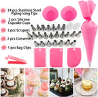 36Pcs Pink Piping Bags & Tips Set,24 Stainless Steel Nozzle Icing Tips With 2 Reusable Silicone Pastry Bag,Icing Smoother,Silicone Baking Cups,2Couplers Cake Decorating Tools Kit For Baking Decorating