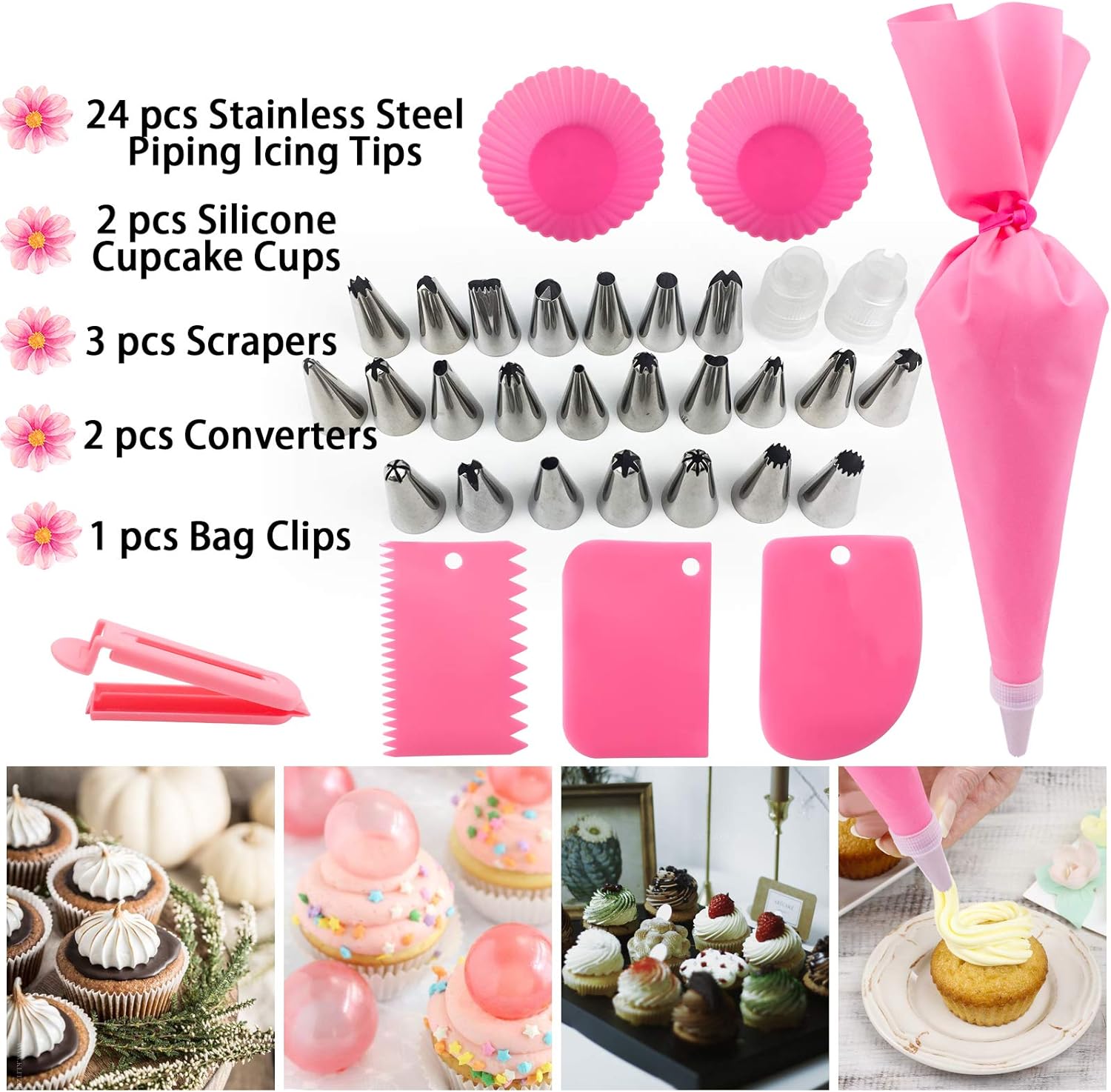 36Pcs Pink Piping Bags & Tips Set,24 Stainless Steel Nozzle Icing Tips With 2 Reusable Silicone Pastry Bag,Icing Smoother,Silicone Baking Cups,2Couplers Cake Decorating Tools Kit For Baking Decorating
