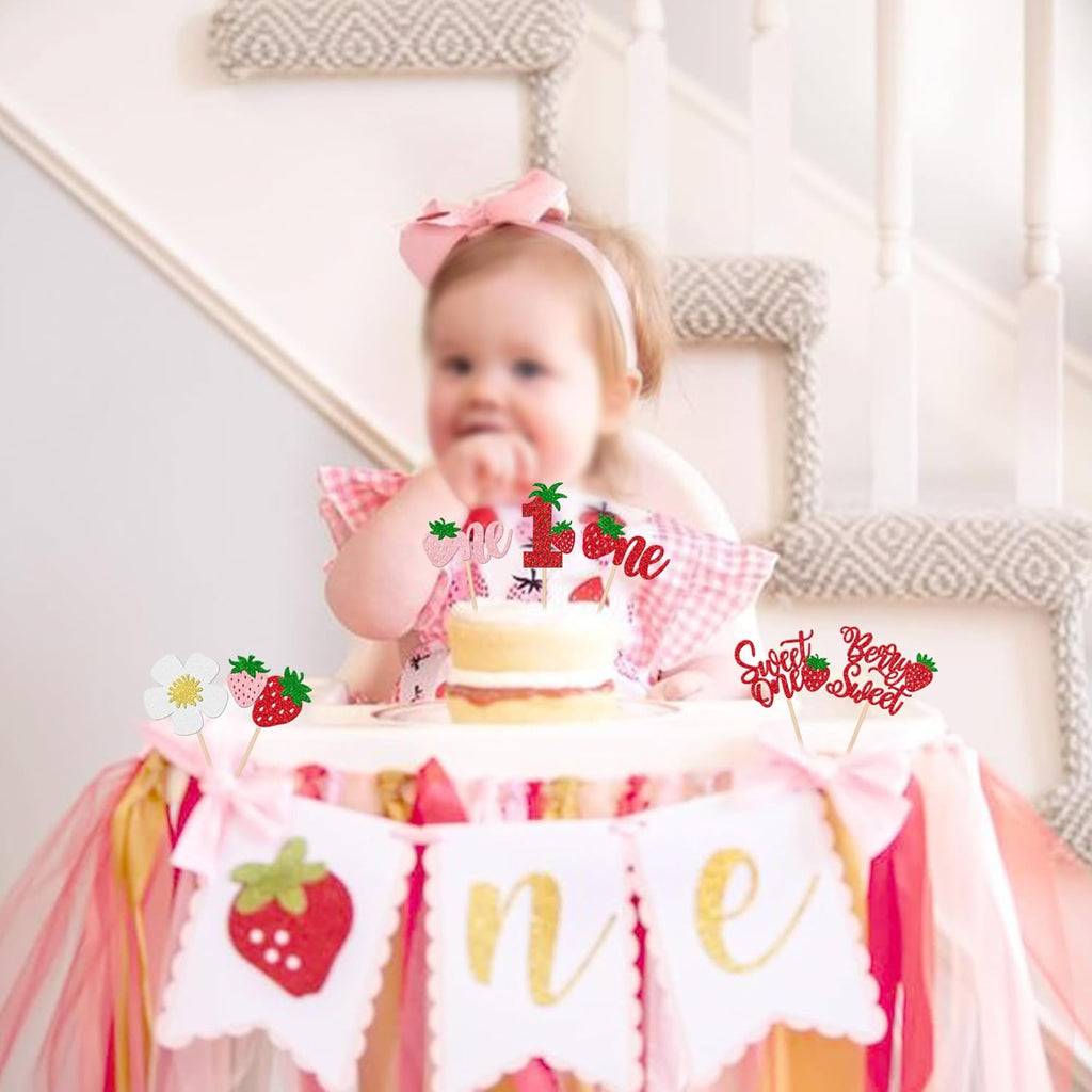 30 PCS Sweet One Strawberry Cupcake Toppers Glitter Sweet Berry 1st Birthday Cupcake Picks Strawberry Birthday Decorations for Baby Shower Kids First Birthday Party Cake Decorations Supplies