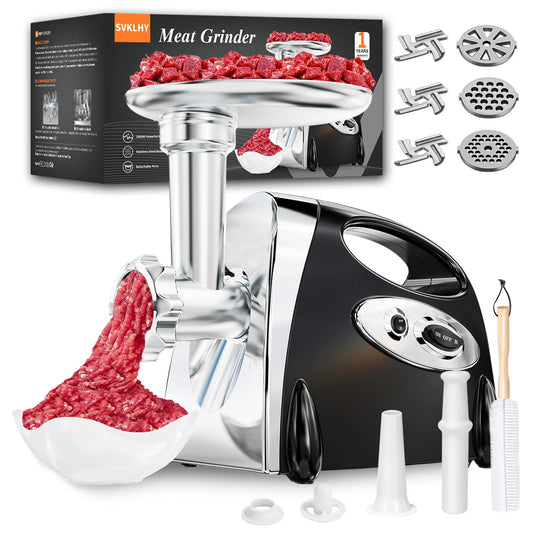 Electric Meat Grinder: [3000W Superior Motor] [Exquisite Box] Meat Grinder with 6 PCS Stainless Steel Blades & Grinding Plates, Sausage Stuffer Tubes & Kubbe Kit Portable Handle for Gift (Black)