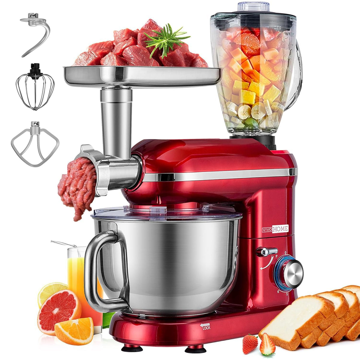 VIVOHOME 3 w 1 wielofunkcyjny mikser stojący z 6-litrową misą ze stali nierdzewnej, 650 W, 6-biegowa maszynka do mięsa z odchylaną głowicą, blender do soków, czerwony