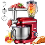 VIVOHOME 3 w 1 wielofunkcyjny mikser stojący z 6-litrową misą ze stali nierdzewnej, 650 W, 6-biegowa maszynka do mięsa z odchylaną głowicą, blender do soków, czerwony