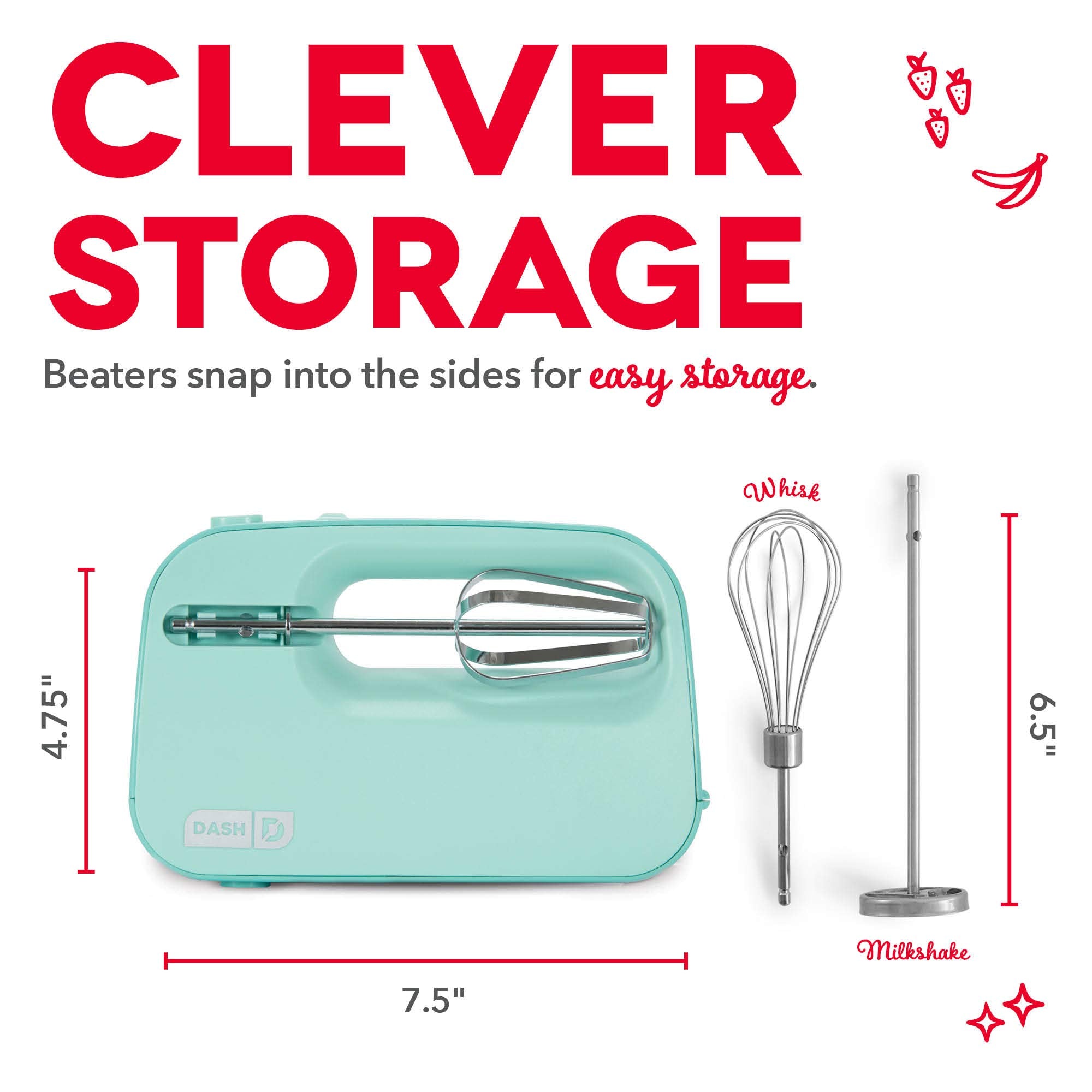 Dash SmartStore™ Deluxe Kompaktowy Elektryczny Mikser Ręczny + Trzepaczka i Koktajl Mleczny do Ubijania, Mieszania Ciasteczek, Brownies, Ciast, Ciasta, Bezy i Nie tylko, 3 Prędkości, 150 W – Aqua