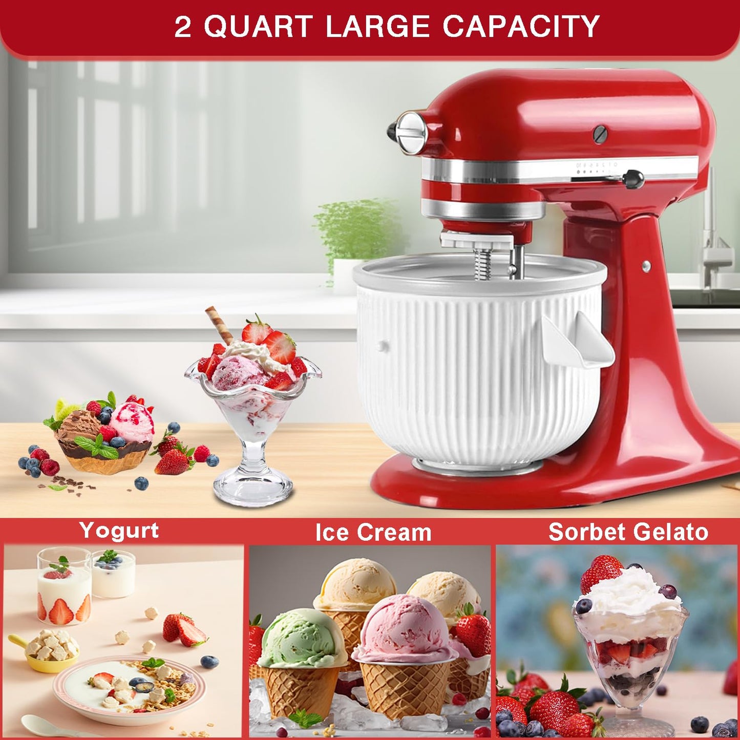 Ice Cream Maker Attachment for KitchenAid Stand Mixer, Compatible with 4.5/5QT & 6QT Stand Mixers, 2 Quart Frozen Kitchenaid Ice Cream Maker Attachment Ice Cream Bowl for Yogurt/Sorbet Gelato