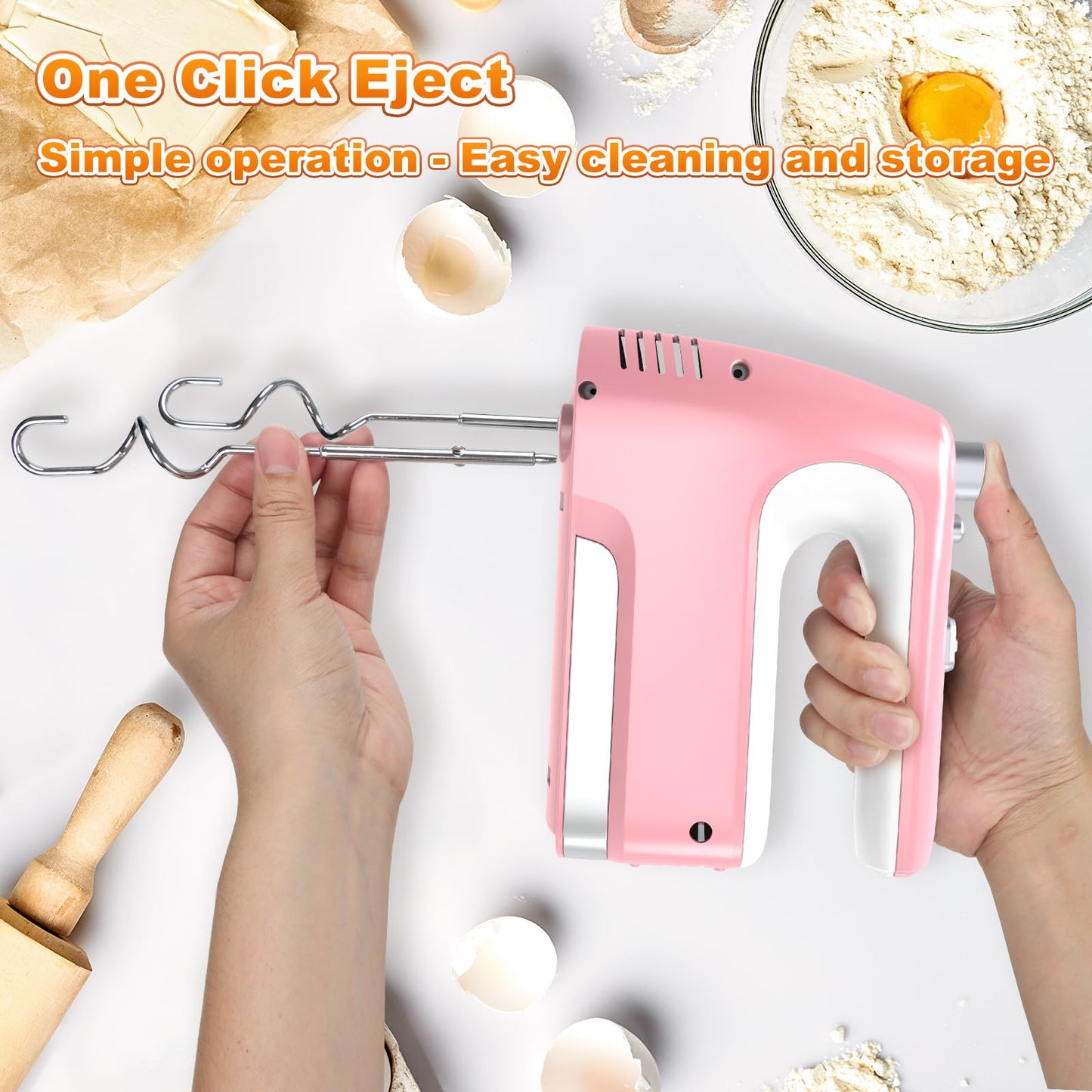 Yalame Hand Mixer Electric, 5-Speed 400W Motor, Hand Mixer Electric Handheld, Mixer Electric Handheld with Turbo Boost & Storage Case, 2x Flat Beaters, 2x Dough Hooks, 1x Whisk for Baking (Pink)