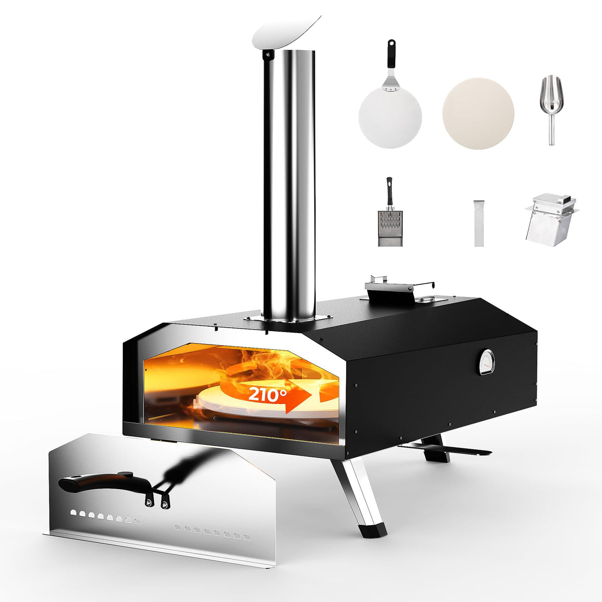 Icyglee 12" piec do pizzy na pelet drzewny, przenośny piec do pizzy opalany drewnem z obrotowym kamieniem do pizzy, grill do pizzy na blacie do ogrodu i na zewnątrz, czarny
