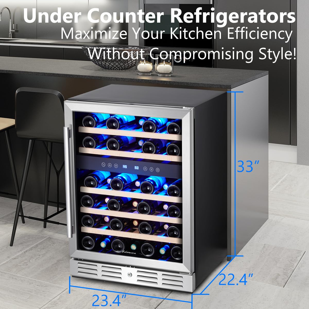 Kalamera 24 inch Wine Cooler, 46 Bottle - Dual Zone Built-in or Freestanding Fridge with Stainless Steel Reversible Glass Door, for Home, Kitchen, or Office.