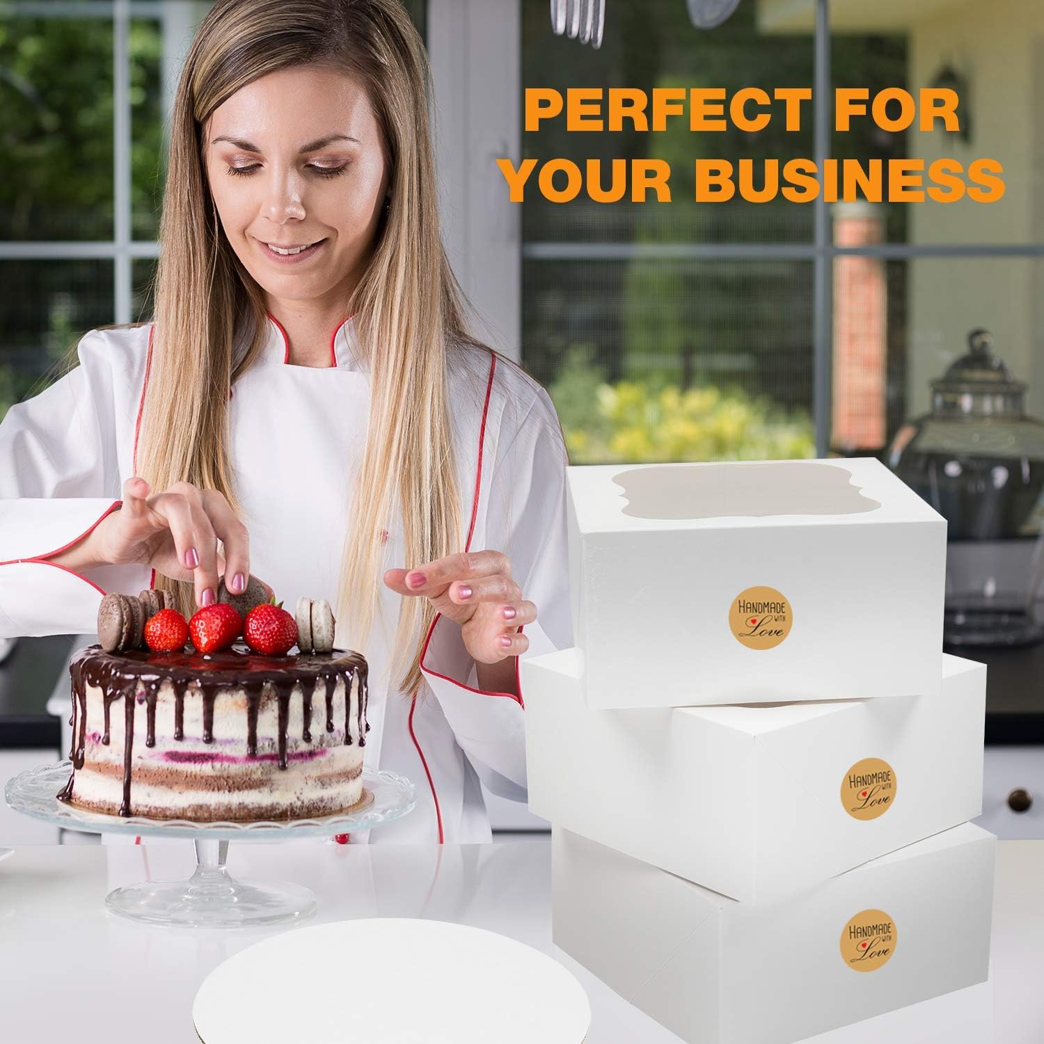 SELMY CAKE BOXES 10 inch Cake Box with Boards and Stickers [12-Pack] Cake Box with Window White Cake Boxes 10x10x5