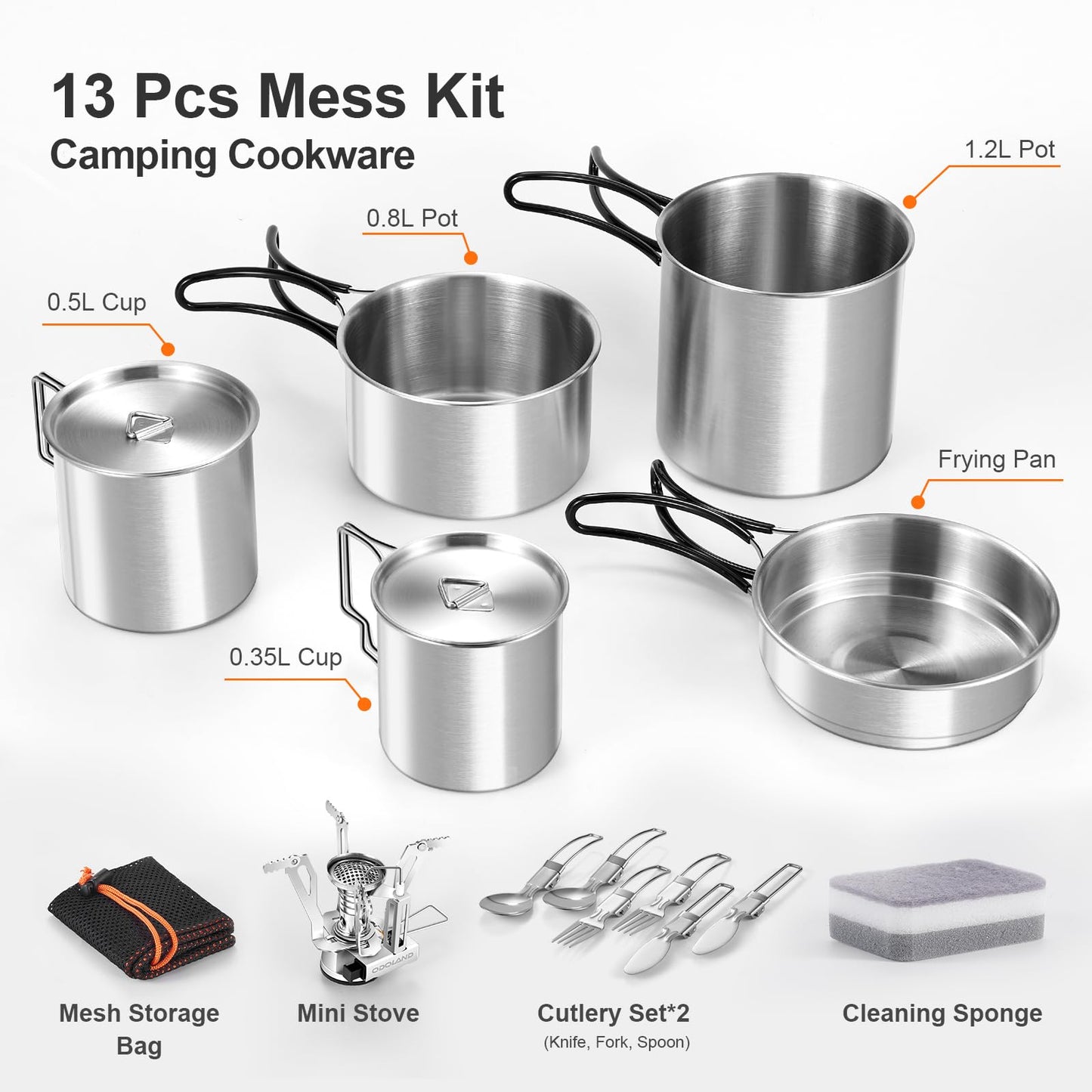 Odoland 13pcs Stainless Steel Camping Cookware Camping Pots and Pan Set with Portable Camping Stove Camping Mess Kit with Cups Forks Knives Spoons for Hiking Backpacking and Picnic