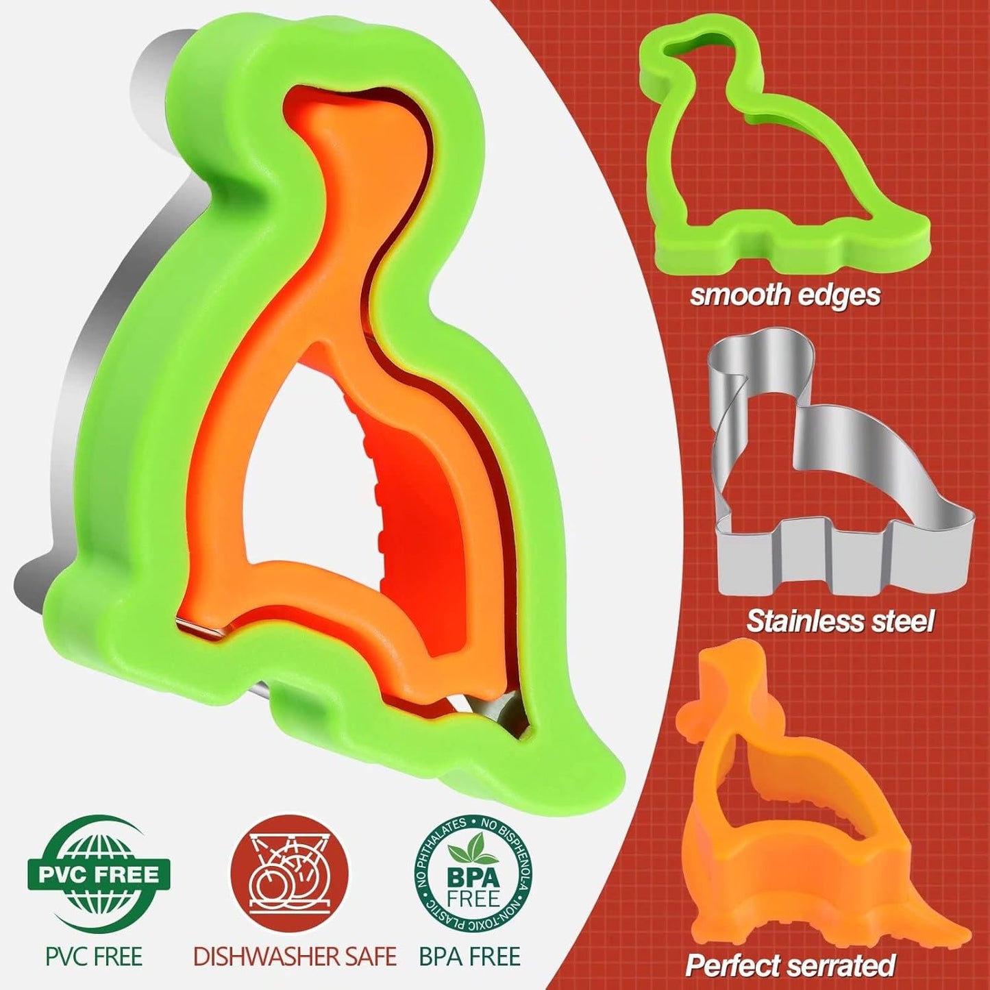 HINZER Sandwich Cutter and Sealer Set Uncrustables Maker 4 Pcs Bread Decruster Pancake Maker Heart Square Circle Dinosaur Shape DIY Cookie Cutters Gift for Kids Adult Boys Girls