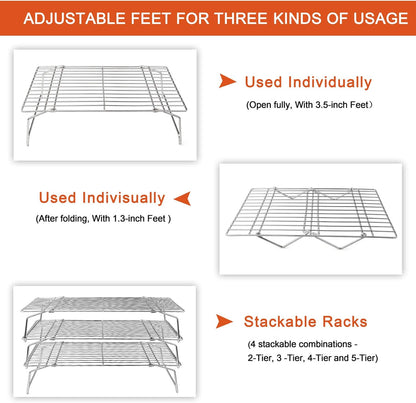 P&P CHEF Cooling Rack, 5-Tier Stainless Steel Stackable Baking Cooking Racks for Cooling Roasting Grilling, Collapsible & Heavy Duty, Oven Safe & Easy Clean, 15" x 10", Silver