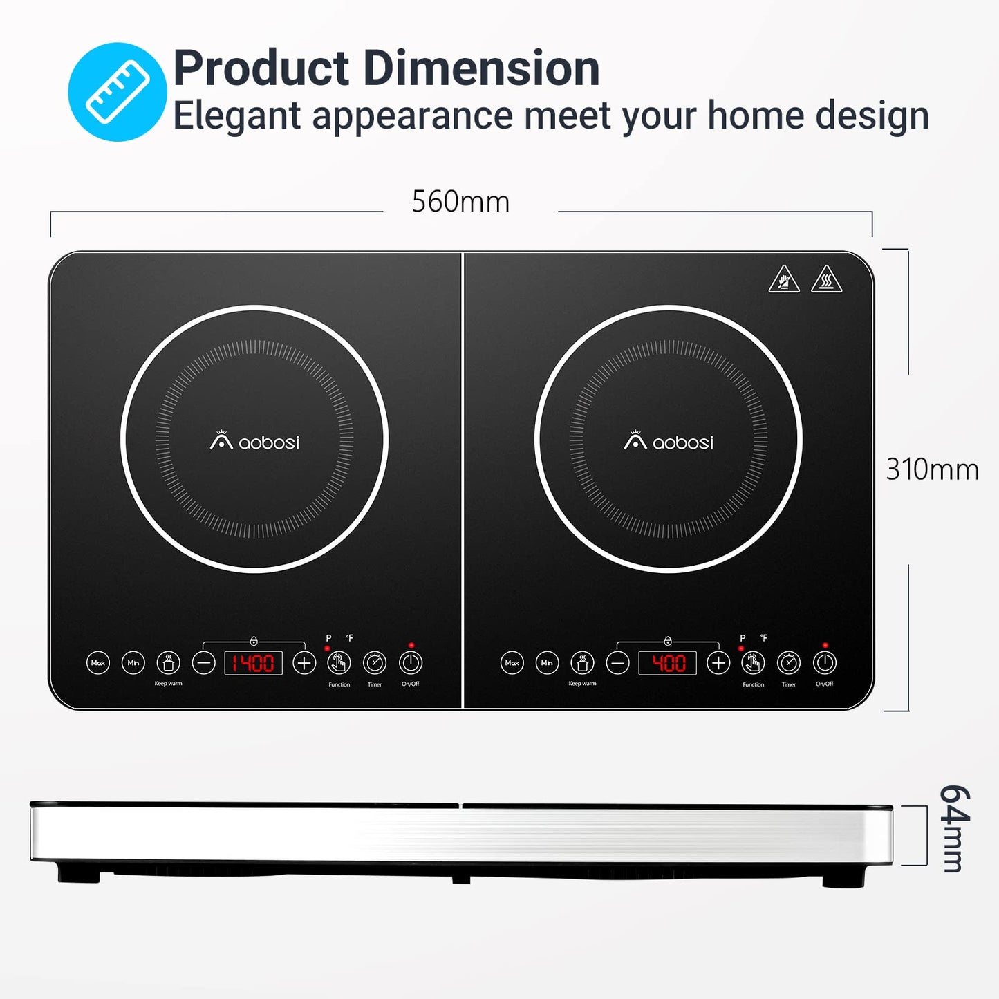 Aobosi Double Induction Cooktop,Portable Induction Cooker with 2 Burner Independent Control,Ultrathin Body,10 Temperature,1800W-Multiple Power Levels,4 Hour Timer,Safety Lock