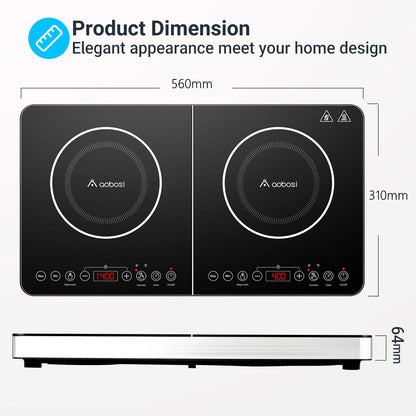 Aobosi Double Induction Cooktop,Portable Induction Cooker with 2 Burner Independent Control,Ultrathin Body,10 Temperature,1800W-Multiple Power Levels,4 Hour Timer,Safety Lock