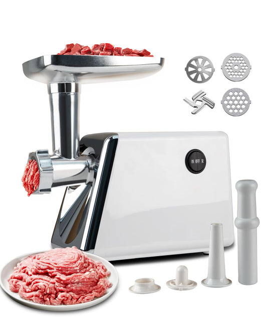 INFOOD Electric Meat Grinder - Heavy Duty Meat Grinders with Stainless Steel Cutting Blade, 3 Grinding Plates, 1 Sausage Maker & Kubbe Kit for Home Kitchen Use, White