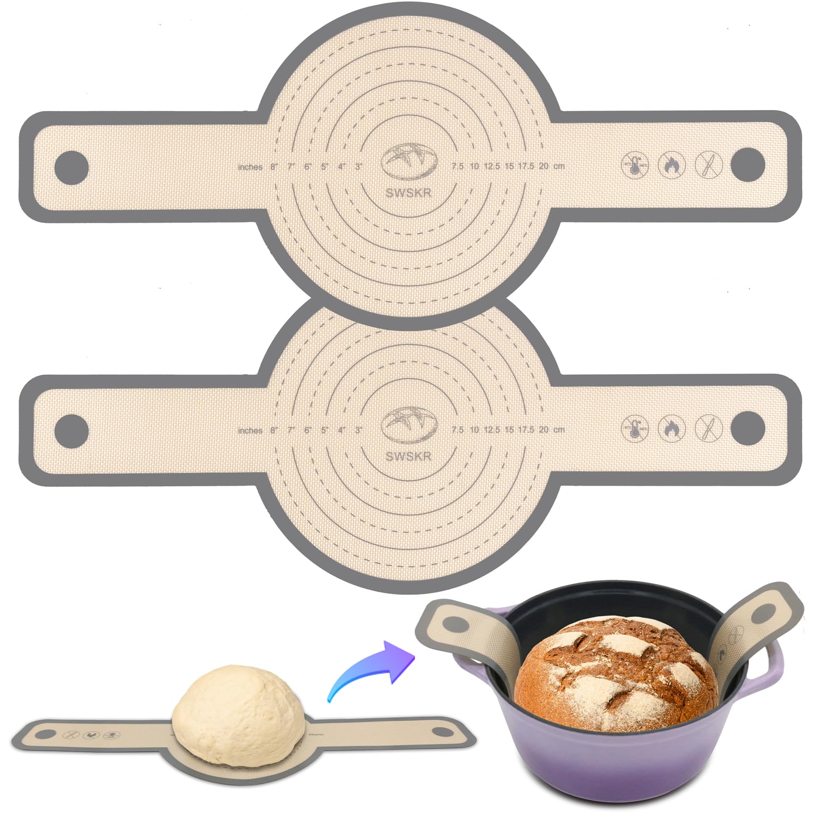 Silicone Bread Sling for Dutch Oven, 2 Pcs Non-Stick & no objectional odor Bread Baking Mat Set, antislip Reusable Bread Sling with Long Handle to Transfer Sourdough, large, Gray
