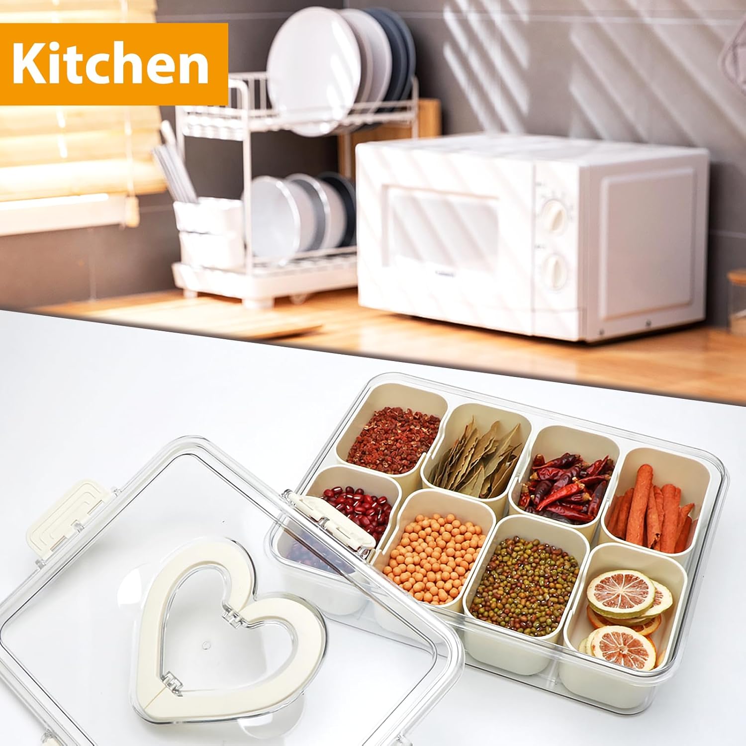 Divided Serving Tray with Lid and Handle,Snackle Box Containers with 8 Compartment,Portable Snack Serving Platters Reusable Storae Organizer for Fruits,Nuts,Candy,Party,Picnic,Veggies