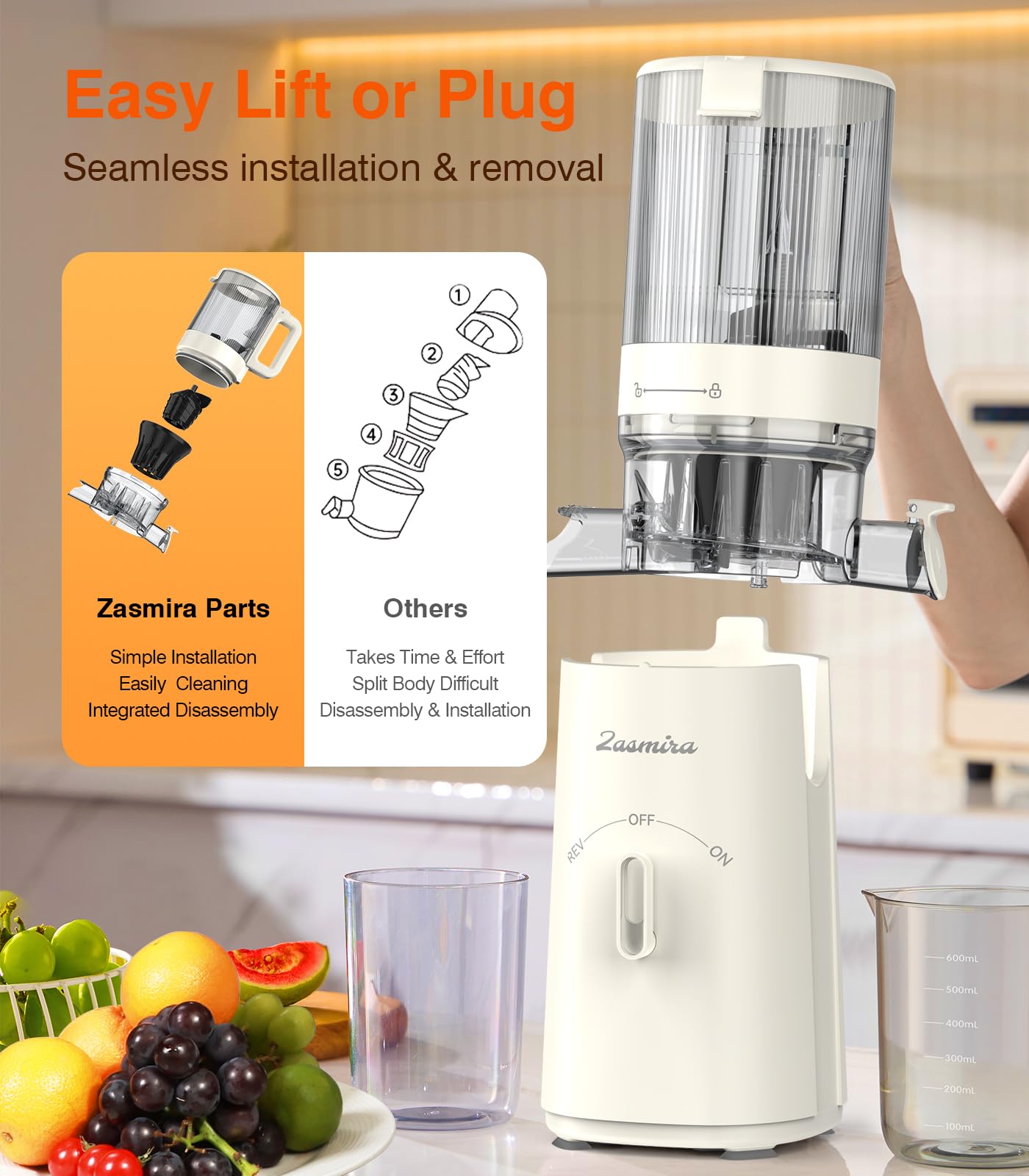 Cold Press Juicer, Updated Masticating Juicer Machines with 5" Feeding Chute Fit Whole Fruits &Vegetables, 99.6% Juice Purity, Streamlined Parts Easier to Clean/1.5L Capacity/2 Cups Included