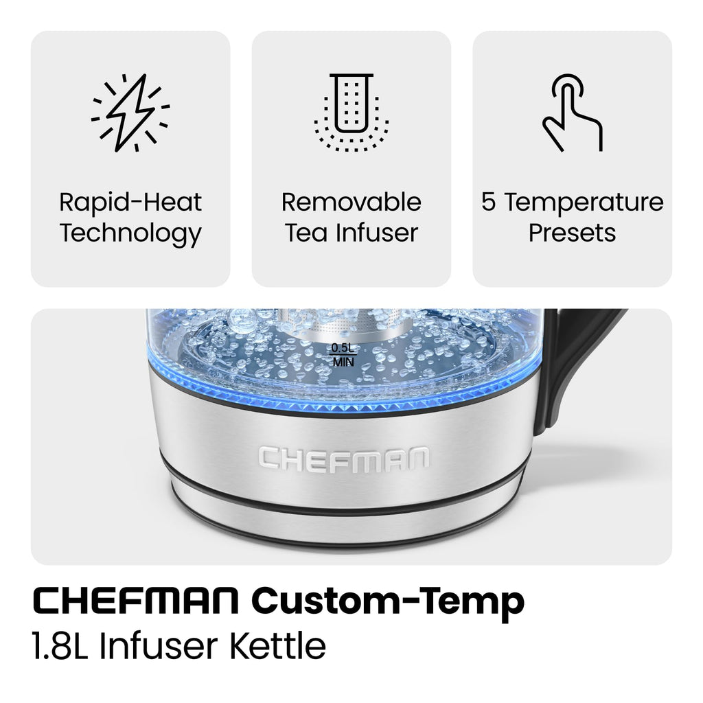Chefman Electric Kettle with Temperature Control, 5 Presets LED Indicator Lights, Removable Tea Infuser, Glass Tea Kettle & Hot Water Boiler, 360° Swivel Base, BPA Free, Stainless Steel, 1.8 Liters