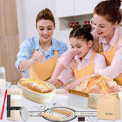 Sourdough Starter Kit - Banneton Proofing Basket 9 Inch Round & 10 Oval, 26 PCS Baking Supplies With Starter Jar, Bread Sling, Lame, Danish Dough Whisk, Bags