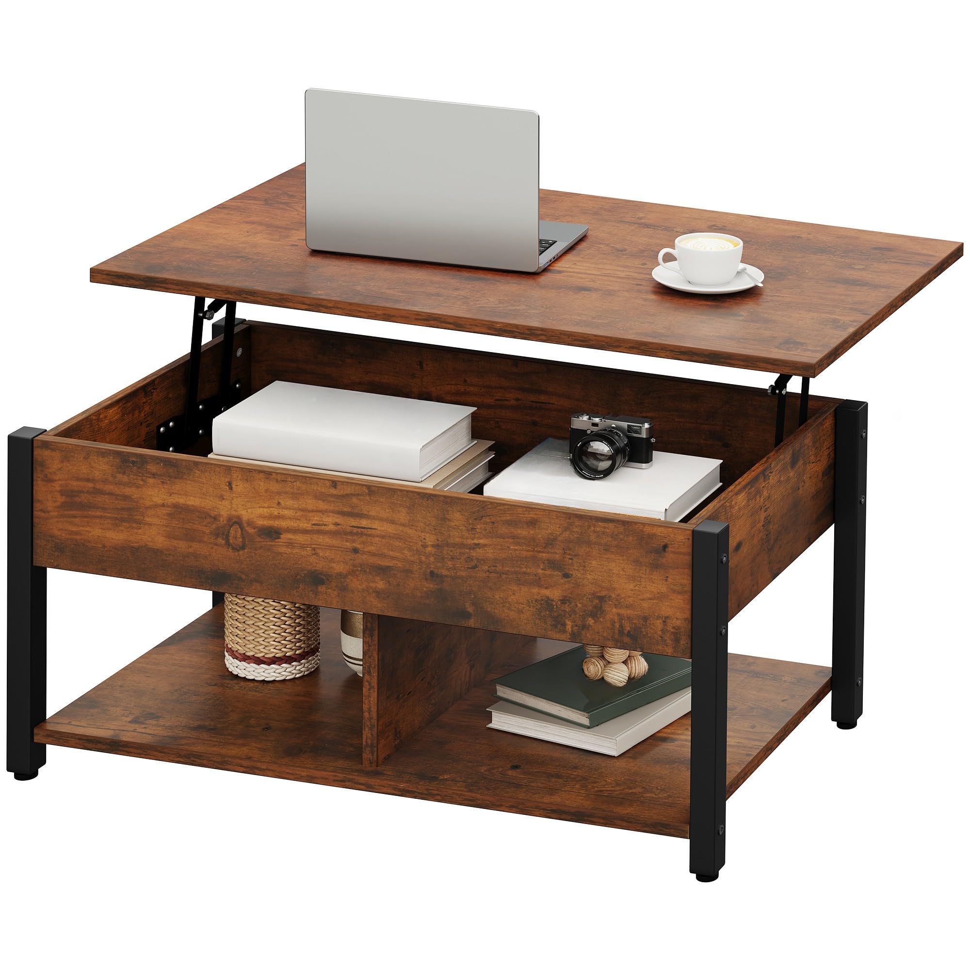 YITAHOME Lift Top Coffee Table with RGB Light, 3-in-1 Coffee Table with Power Outlets, Hidden & Open Storage, Adjustable Height, Wooden Dining Table for Living Room, Home Office, Brown