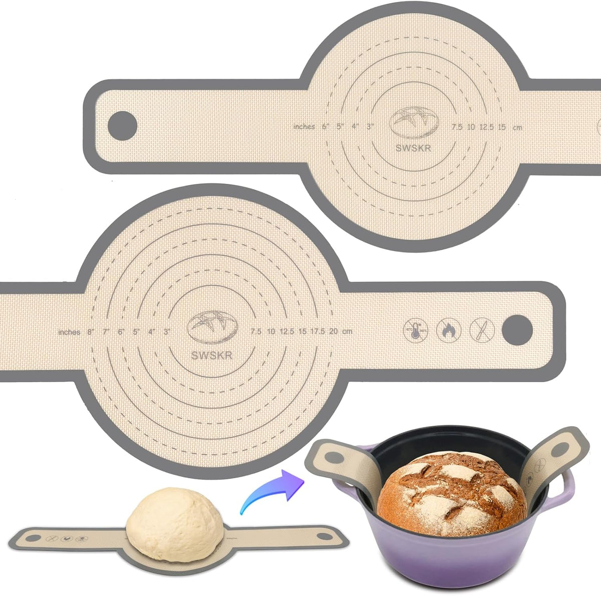 Silicone Bread Sling for Dutch Oven, 2 Pcs Non-Stick & no objectional odor Bread Baking Mat Set, antislip Reusable Bread Sling with Long Handle to Transfer Sourdough, large, Gray