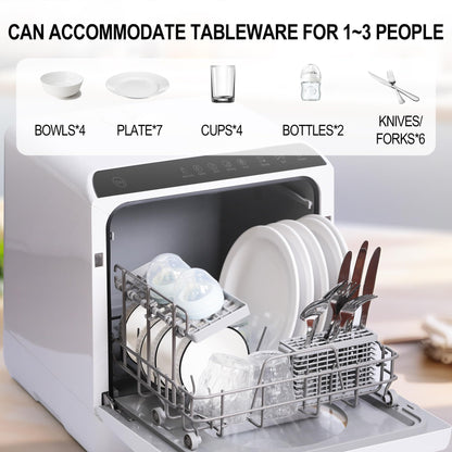 Zmywarka ChuMaste Countertop Dishwasher z wbudowanym zbiornikiem na wodę, Zmywarka do zabudowy do apartamentów i kamperów, Kompaktowa zmywarka z funkcją pielęgnacji niemowląt. Suszenie na powietrzu i oświetlenie LED. Zmywarka do zabudowy bez podłączenia.