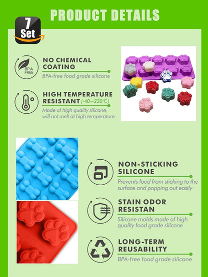 Set of 7，4 Pieces Silicone Molds Puppy Dog Paw & Bone Shaped and 3 Pieces Stainless Steel Bone Cookie Cutter,for Homemade Treats and Cat Animal Paw Ice Candy Chocolate Baking Mold.