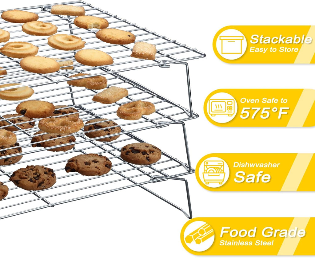 10 * 16 Inch Cooling Racks, 3 Stackable Tall Baking Racks, Stainless Steel Wire Rack for Baking Sheet, Cooling Racks for Cooking and Baking, Oven and Dishwasher Safe