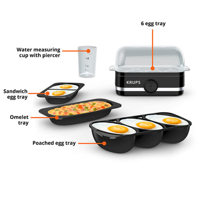 KRUPS: Simply Electric Plastic and Stainless Steel Egg Cooker 6 Eggs 400 Watts Hard, Medium, and Soft Boiled, Poached, Scrambled, Omelets, Rapid Cook Black